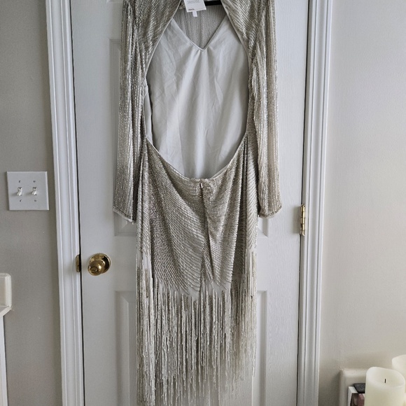 ASOS Beaded Long-Sleeve Open Back Asymmetrical Fringe Dress - Picture 8 of 12
